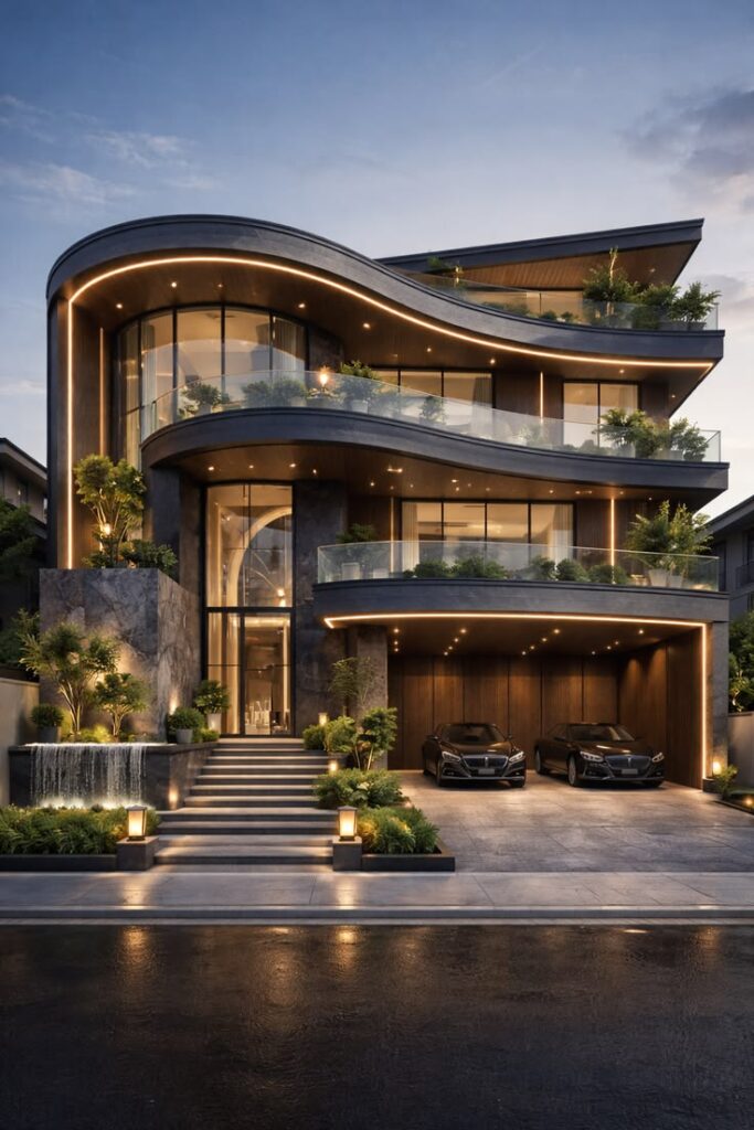 ultra modern curved luxury house elevation design 3 floor 3d exterior