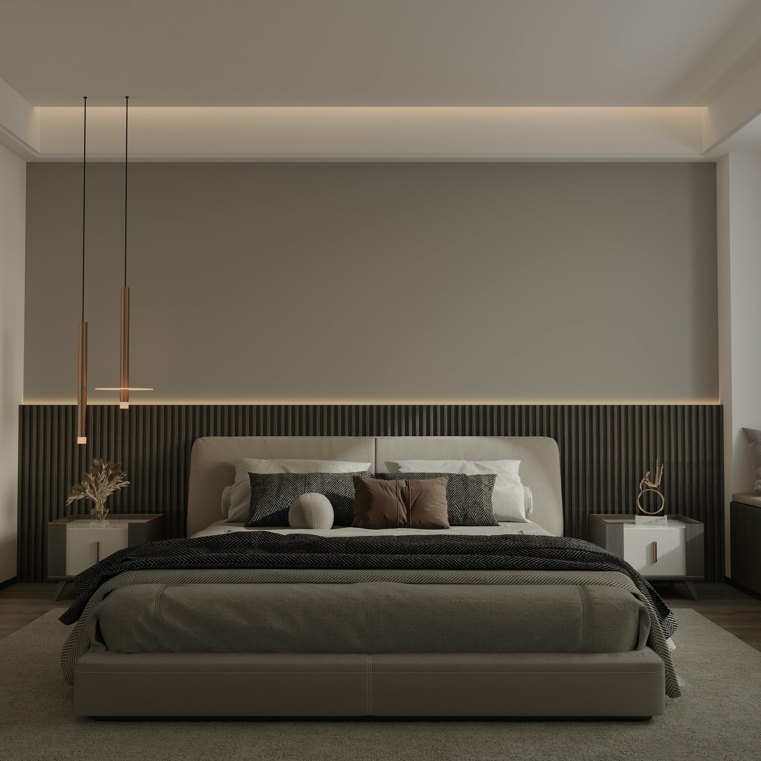 Oakwood Villa Elegant modern bedroom design in London, featuring beige aesthetics and cozy lighting.