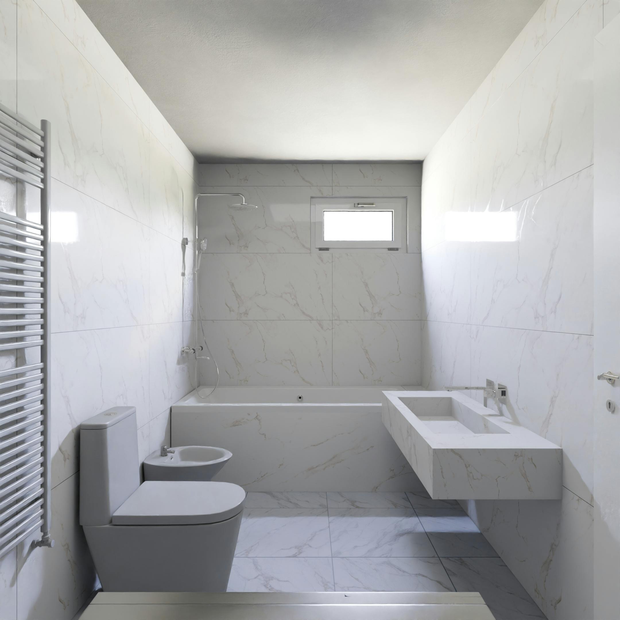 Silver Oak Bright white minimalist bathroom featuring modern fixtures and marble tiles.