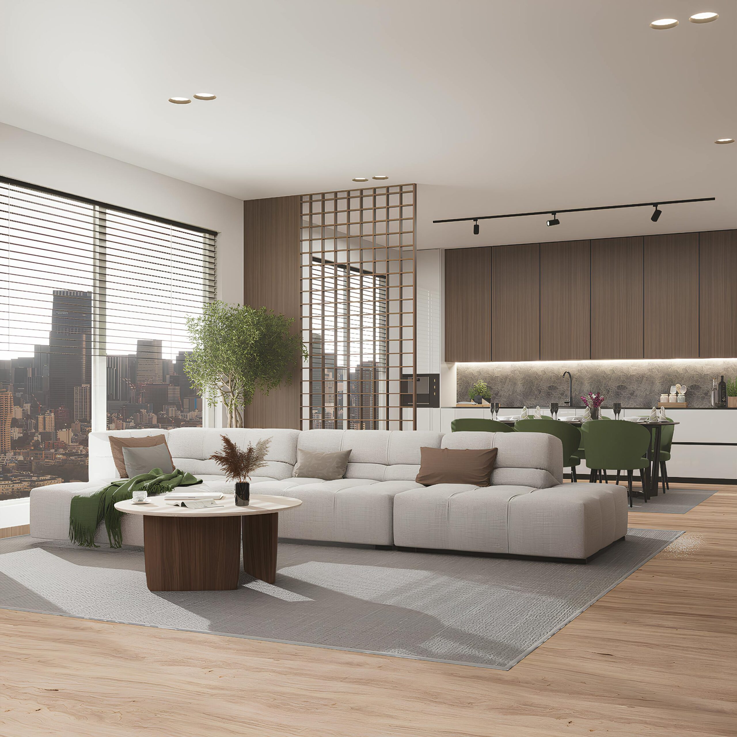 Silver Oak Stylish open-plan living room and kitchen in modern urban apartment with city view.