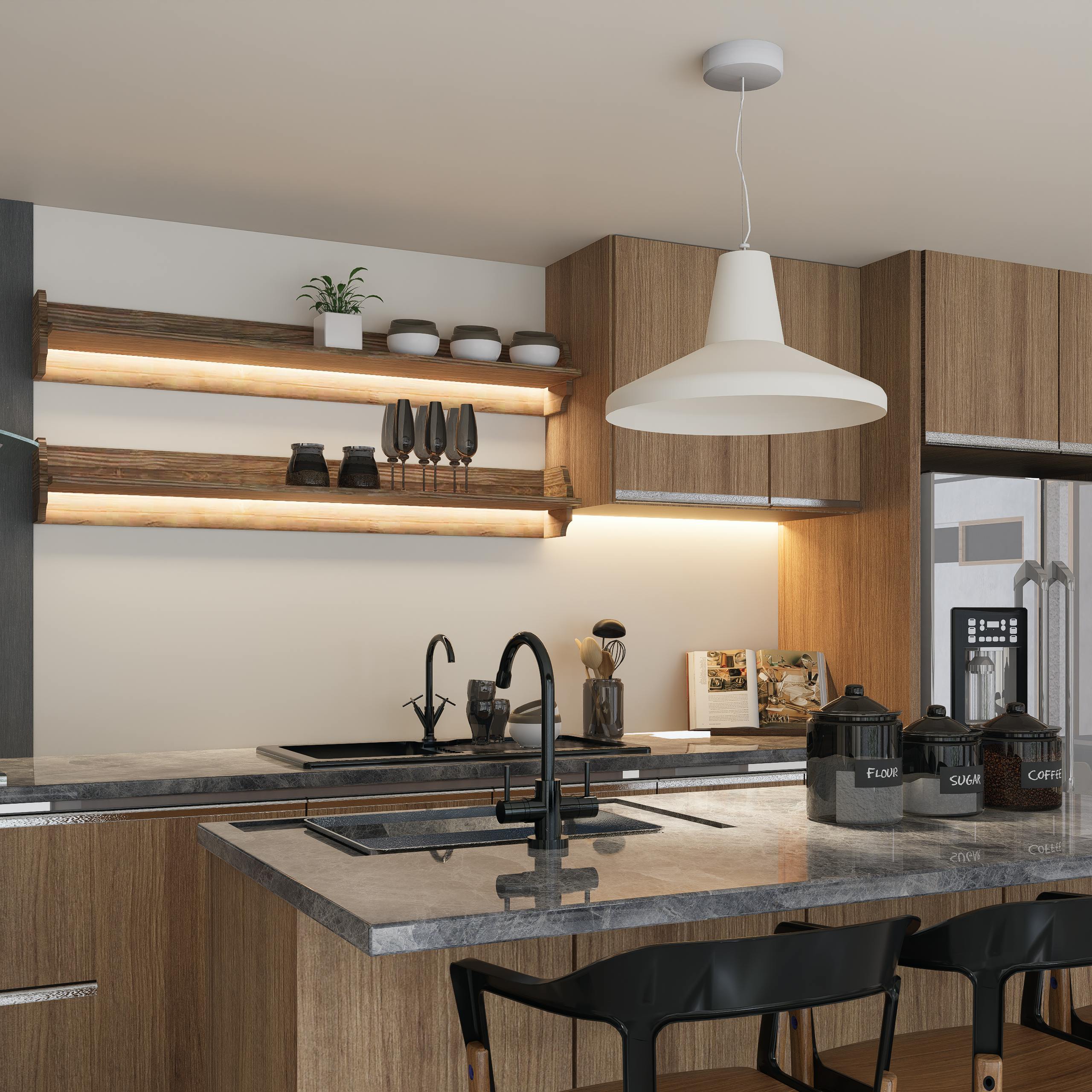 Silver Oak Sleek kitchen design featuring wooden cabinets, open shelves, and stylish lighting.